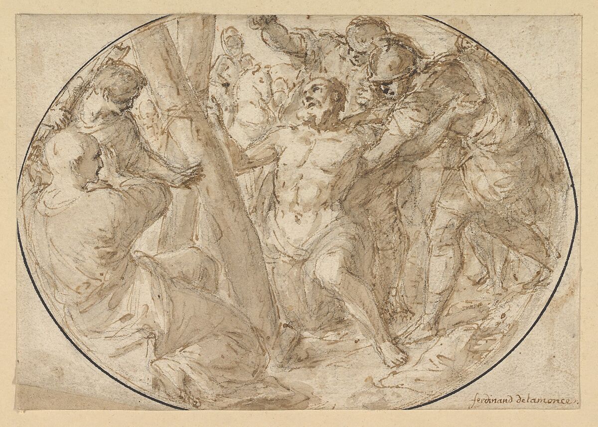 Martyrdom of St. Andrew, Ferdinand Pierre Joseph Ignace Delamonce (French, Munich 1678–1753 Lyon), Pen and brown ink, brown wash, over black chalk. Oval framing lines in pen and black ink. 