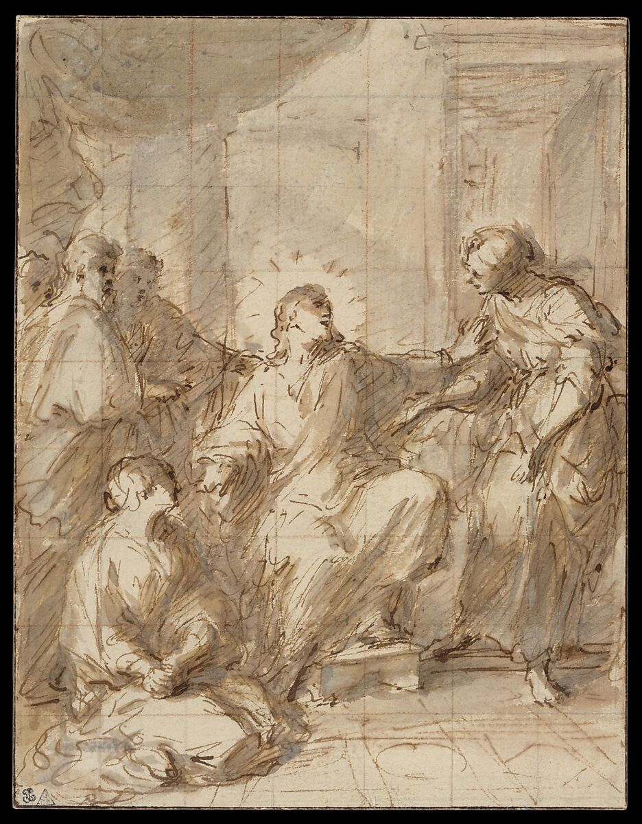 Christ in the House of Martha and Mary, Ferdinand Pierre Joseph Ignace Delamonce (French, Munich 1678–1753 Lyon), Pen and brown ink, brown and gray wash, over traces of graphite; squared in red chalk and graphite