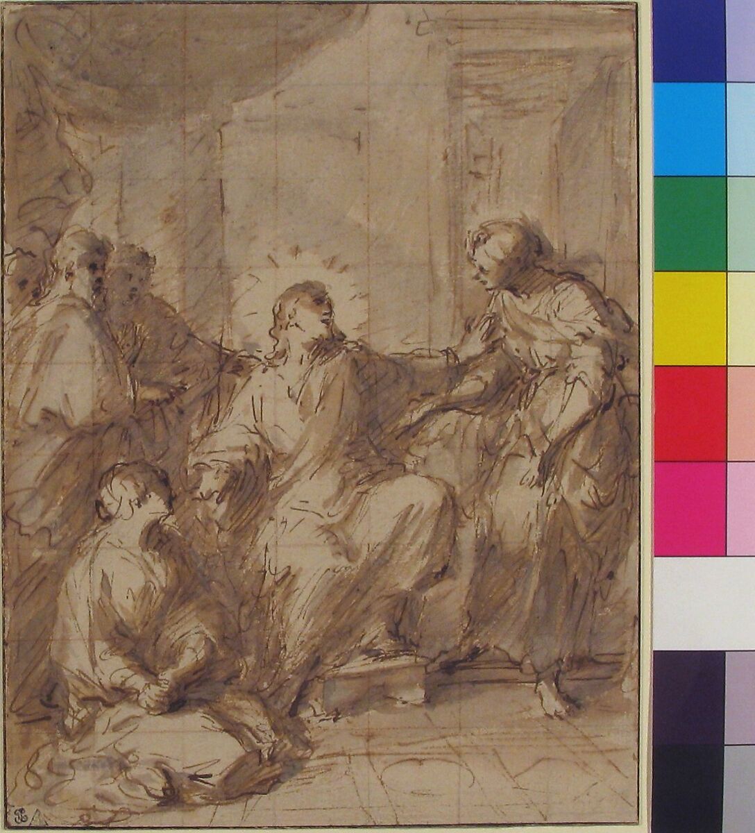 Christ in the House of Martha and Mary, Ferdinand Pierre Joseph Ignace Delamonce (French, Munich 1678–1753 Lyon), Pen and brown ink, brown and gray wash, over traces of graphite; squared in red chalk and graphite