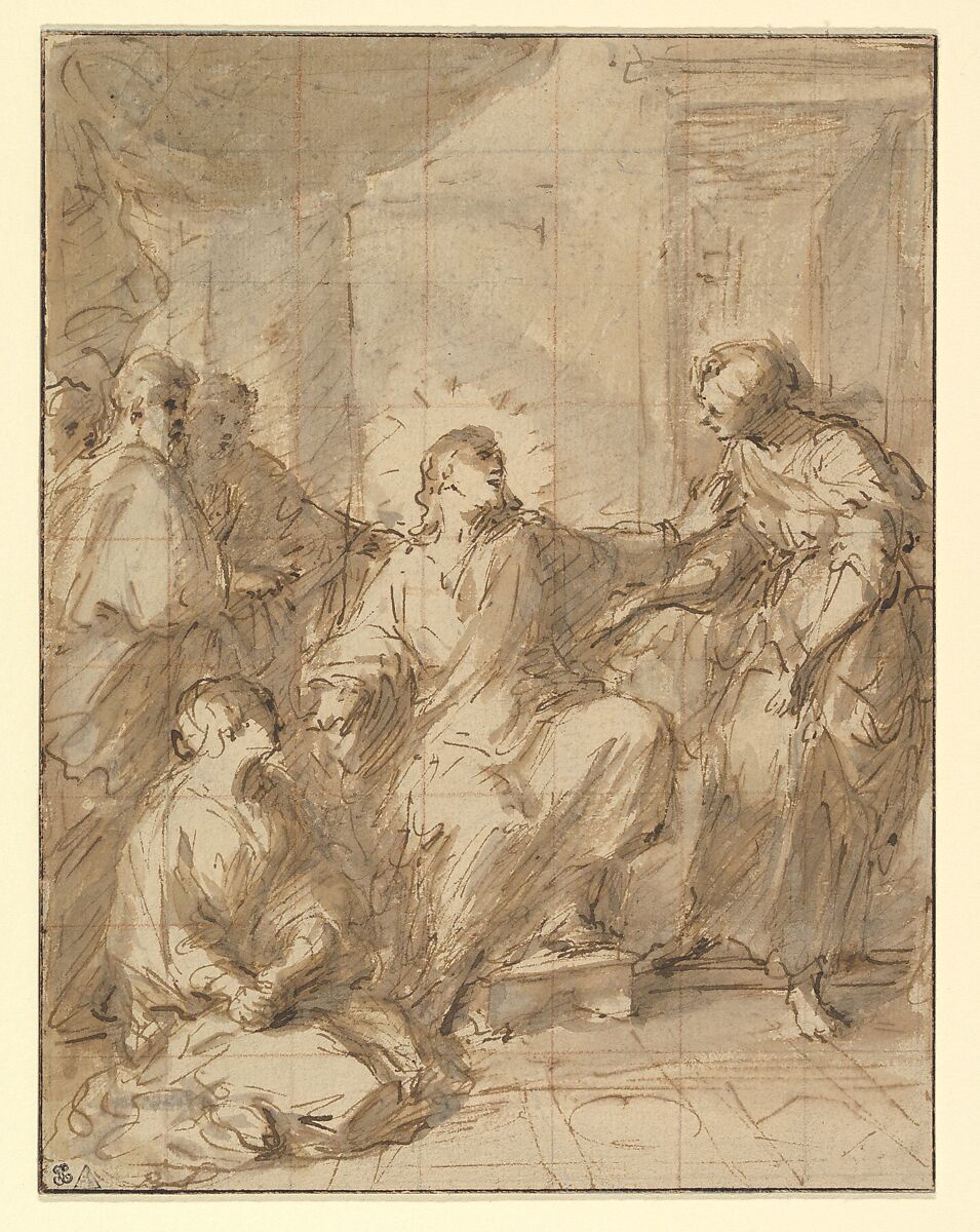 Christ in the House of Martha and Mary, Ferdinand Pierre Joseph Ignace Delamonce (French, Munich 1678–1753 Lyon), Pen and brown ink, brown and gray wash, over traces of graphite; squared in red chalk and graphite 