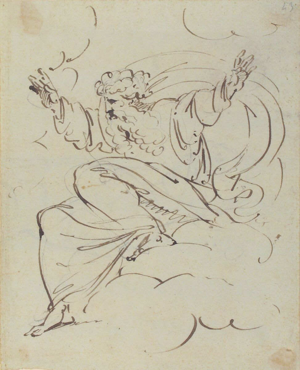 God The Father Creating (?) (recto); Study of neo-classical statue of a nude male (verso), Luigi Sabatelli (Italian, Florence 1772–1850 Milan), Pen and brown ink over graphite (recto); graphite (verso)