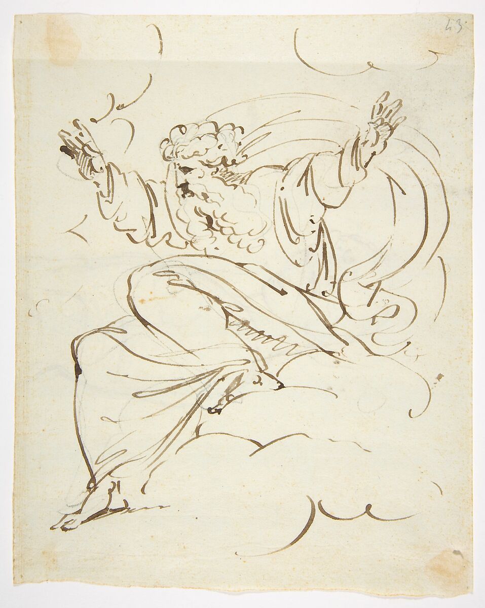 God The Father Creating (?) (r.); Study of neo-classical statue of a nude male (v.), Luigi Sabatelli (Italian, Florence 1772–1850 Milan), Pen and brown ink over graphite (recto); graphite (verso) 