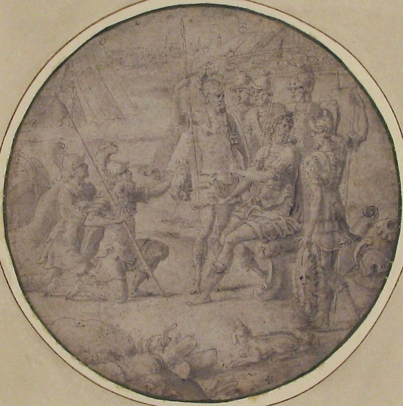 The Head of Pompey Presented to Caesar, Anonymous, French, 16th century, Pen and gray ink, brush and pale gray wash; framing lines in brush and dark green wash
