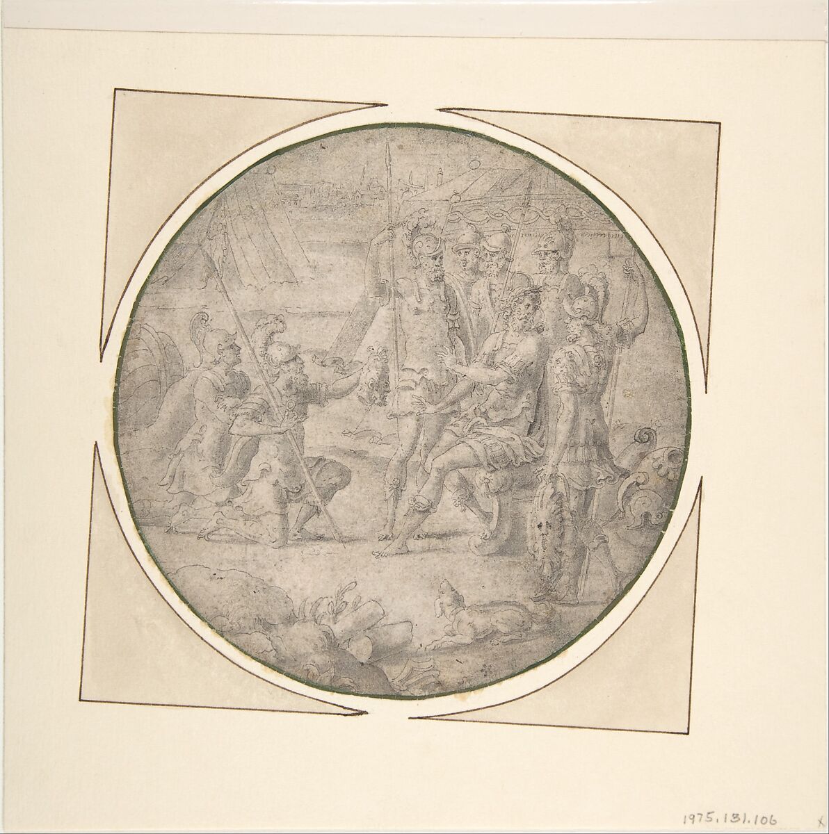 The Head of Pompey Presented to Caesar, Anonymous, French, 16th century, Pen and gray ink, brush and pale gray wash.  Framing line in dark green wash 