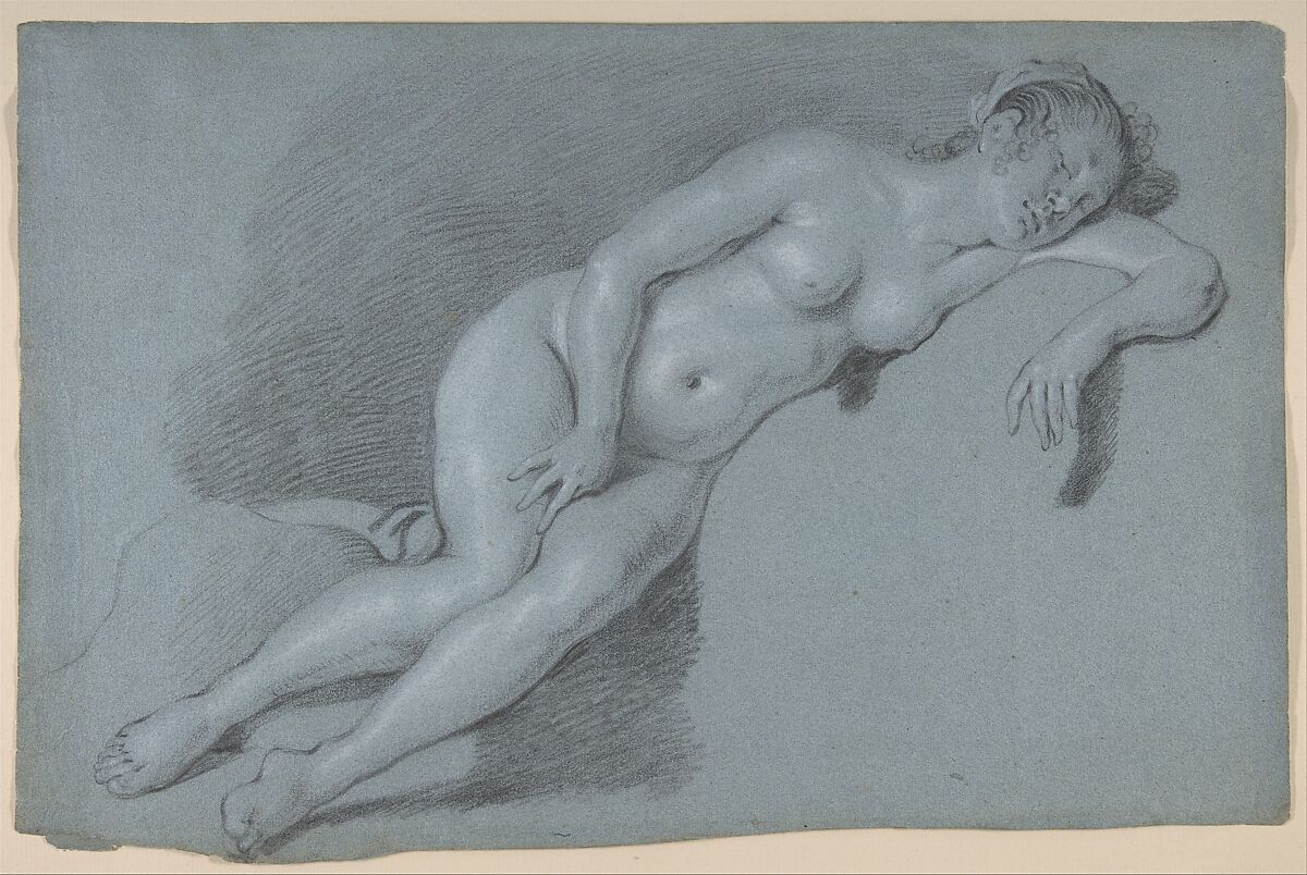 Reclining Female Nude, Govert Flinck (Dutch, Cleve 1615–1660 Amsterdam), Black chalk, heightened with white, on blue paper 