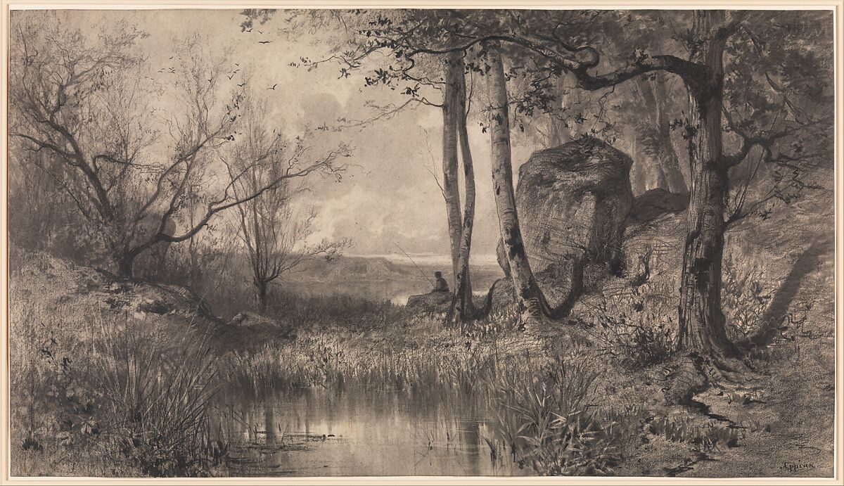 A Pond with a Fisherman along the River Ain, Adolphe Appian (French, Lyon 1818–1898 Lyon), Charcoal with stumping and scratching out 