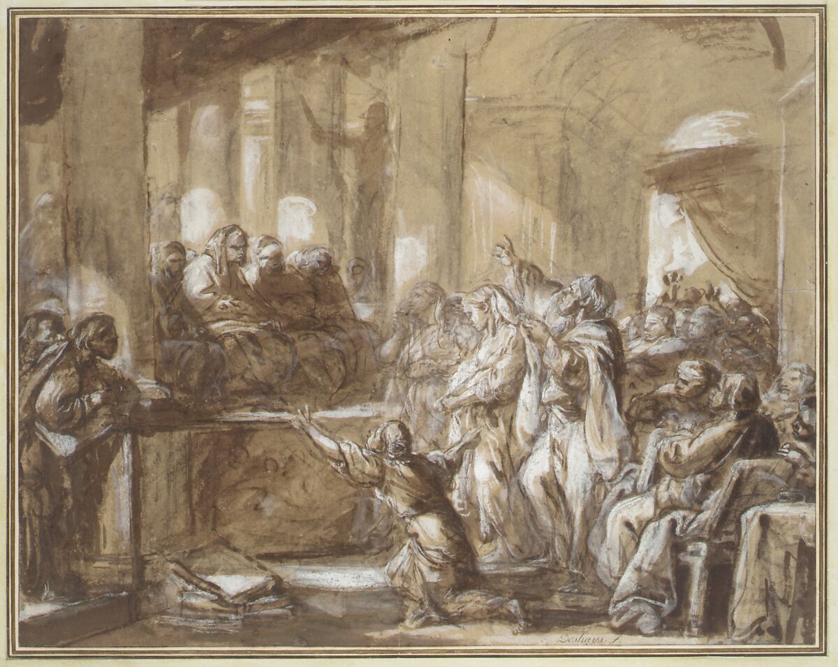 Phryne Before the Areopagus, Jean-Baptiste Deshays (French, Colleville 1729–1765 Paris), Pen and brown ink, brown wash, heightened with white, over black chalk