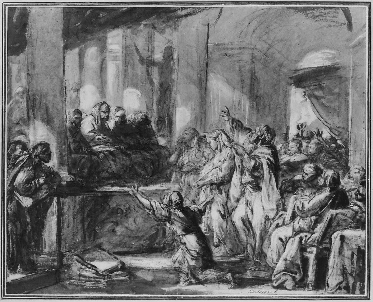 Phryne Before the Areopagus, Jean-Baptiste Deshays (French, Colleville 1729–1765 Paris), Pen and brown ink, brown wash, heightened with white, over black chalk