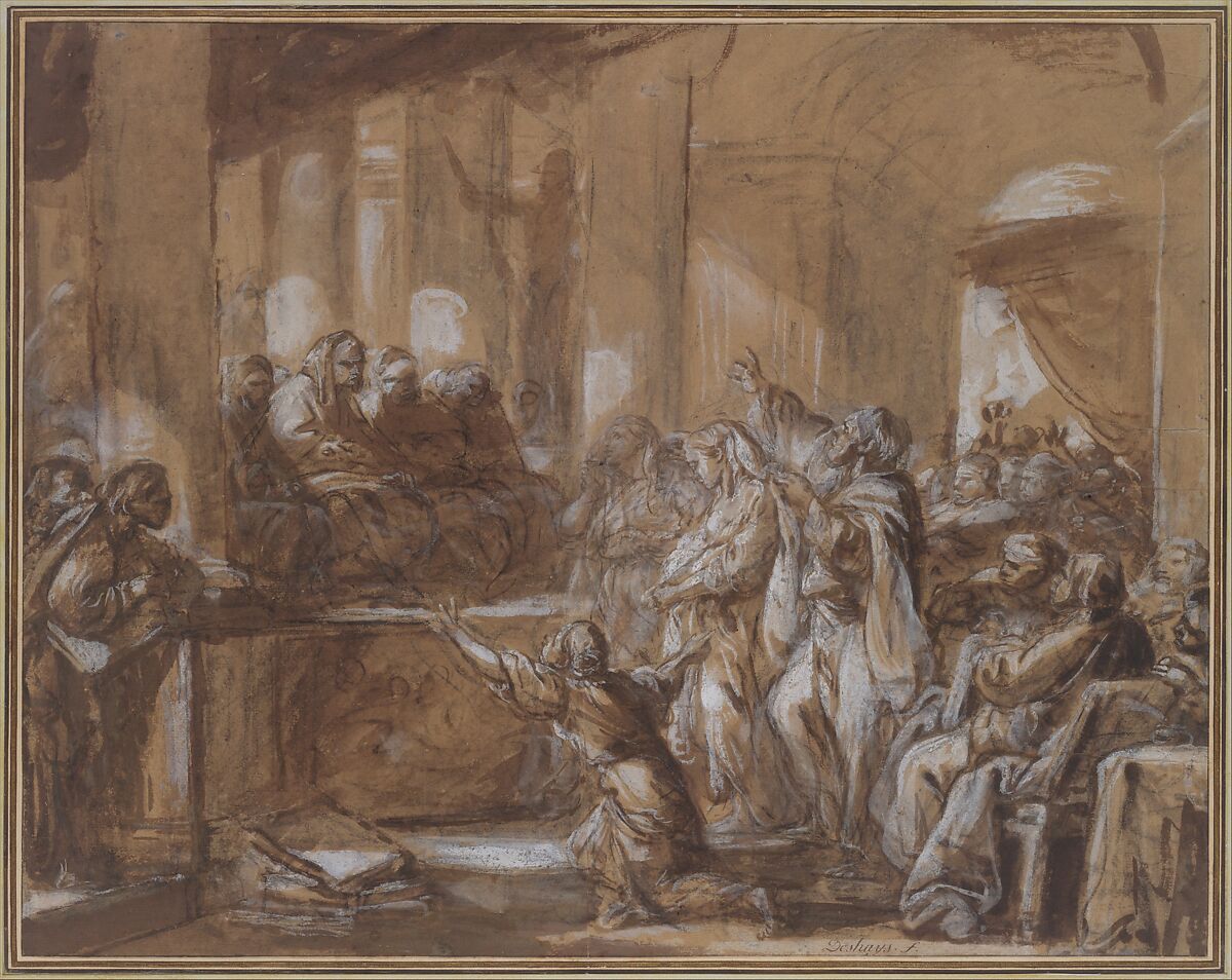 Phryne Before the Areopagus, Jean-Baptiste Deshays (French, Colleville 1729–1765 Paris), Pen and brown ink, brown wash, heightened with white, over black chalk 