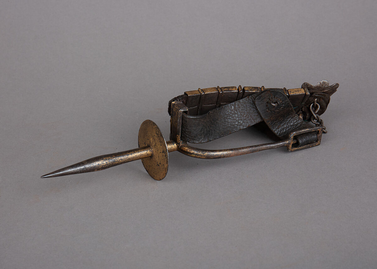 Prick Spur, Iron alloy, gold, leather, iron, Moroccan