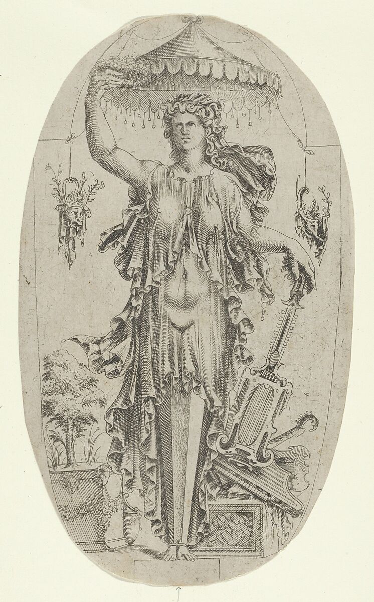 Term in the Form of a Woman with Musical Instrument, Jean Mignon (French, active 1535–ca. 1555), Etching; first state of two 