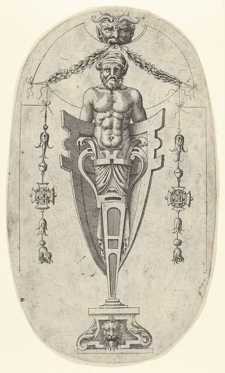 Male Terminal Figure; Torso with Beard and Turban on a Half-
Length Pedestal Enclosed by a Shield, Jean Mignon (French, active 1535–ca. 1555), Etching 