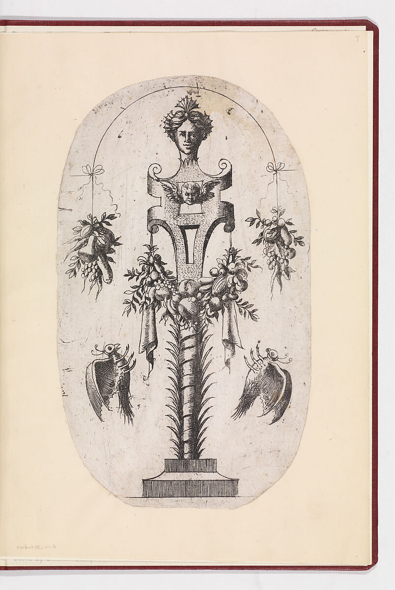Design for a Term with the Head of Woman, Strapwork and Trophies, Jean Mignon (French, active 1535–ca. 1555), Etching 