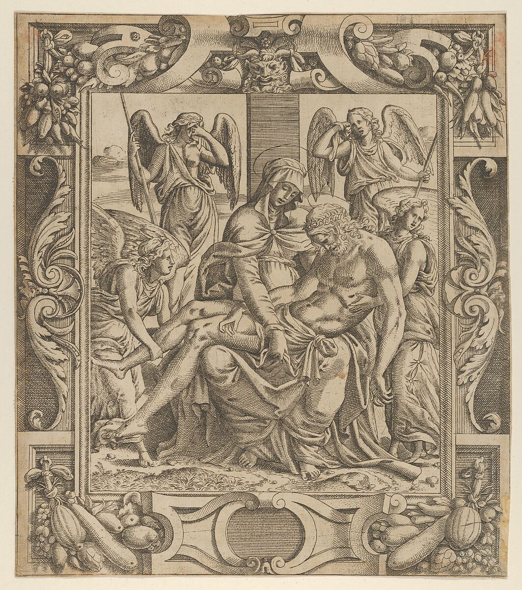 Pietà in an Ornamental Frame, Jean Mignon (French, active 1535–ca. 1555), Etching 