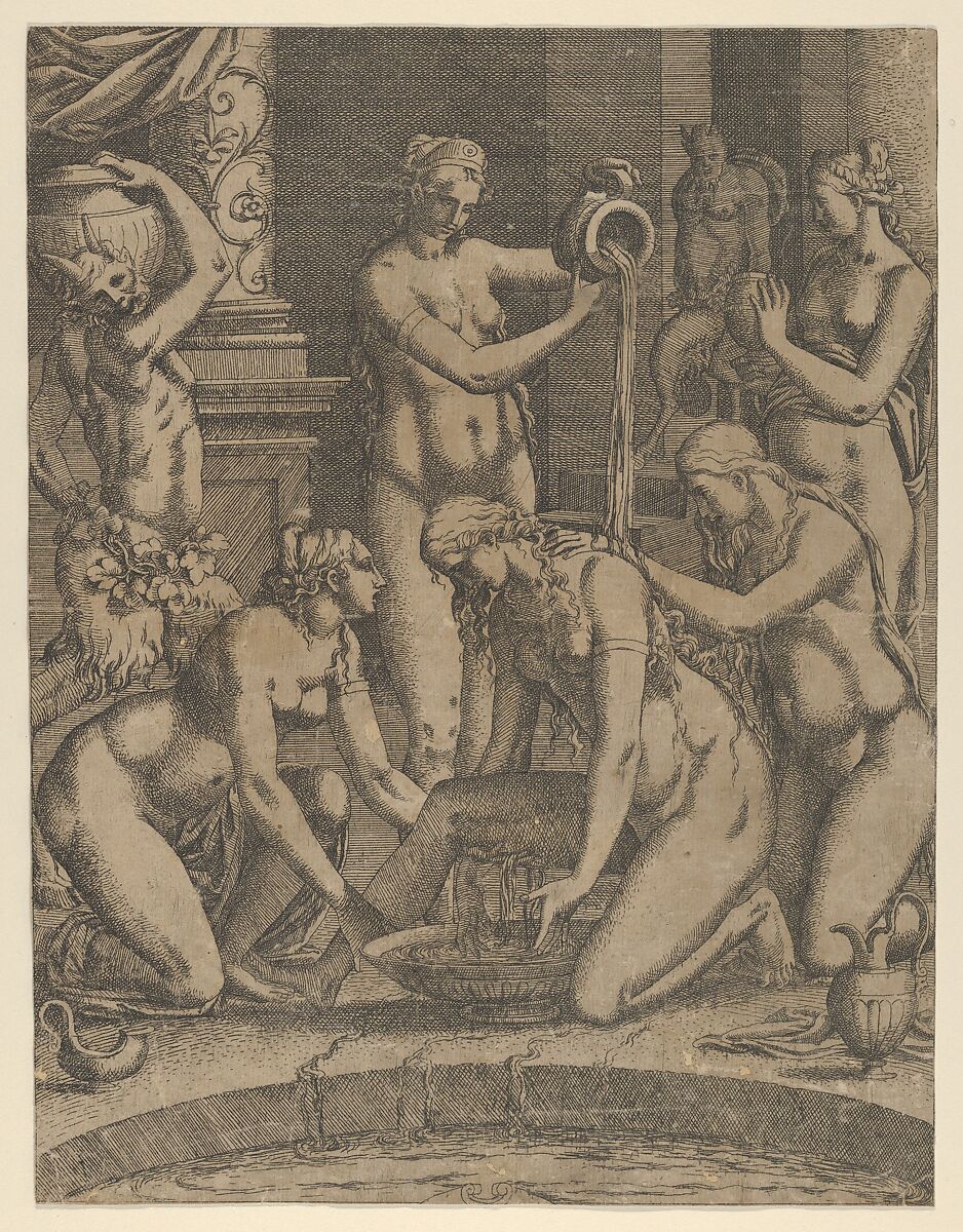 Venus Bathing Attended by Nymphs, Jean Mignon (French, active 1535–ca. 1555), Etching 
