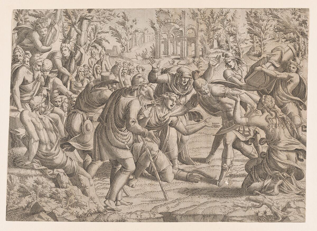 Cassandra Stopping Deiphobus from Killing Paris, Jean Mignon (French, active 1535–ca. 1555), Etching 