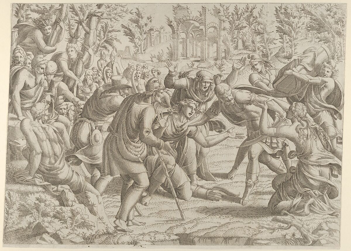Cassandra Stopping Deiphobus from Killing Paris, Jean Mignon (French, active 1535–ca. 1555), Etching 