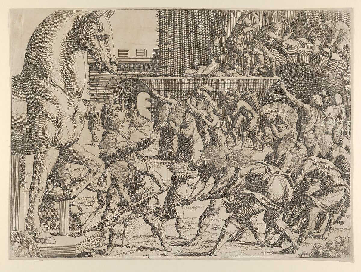 The Trojans Bring the Wooden Horse into Their City, Jean Mignon (French, active 1535–ca. 1555), Etching 