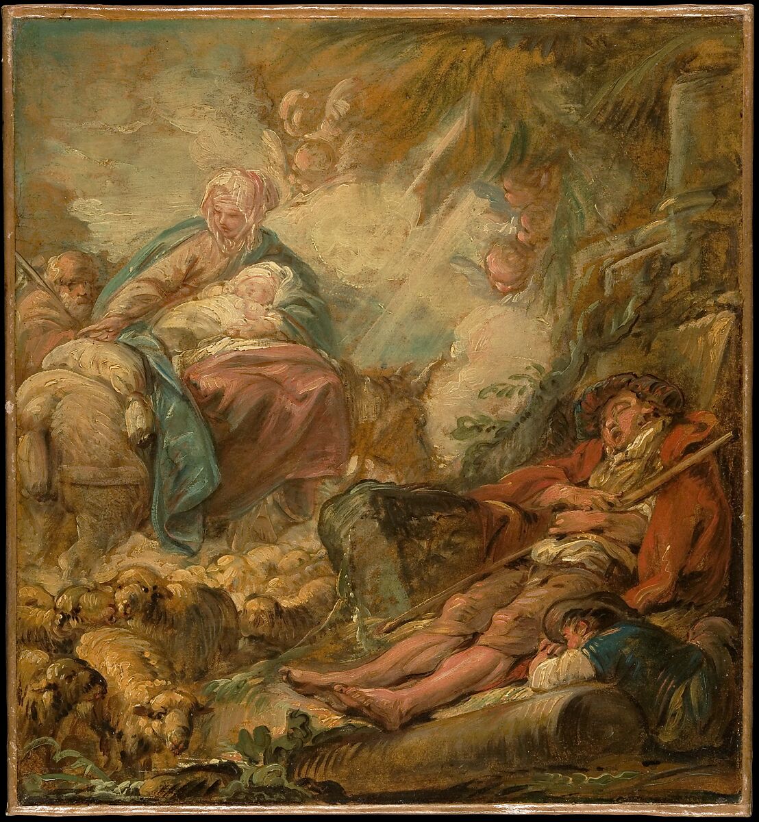 Shepherds Dreaming of the Flight into Egypt, Jean-Baptiste Deshays (French, Colleville 1729–1765 Paris), Oil paint over black chalk on paper, mounted on canvas. Varnished. 