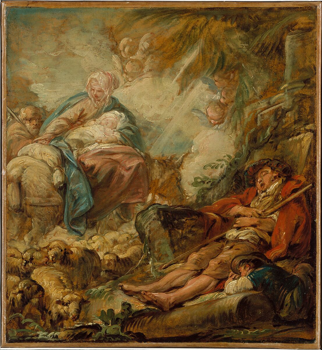 Shepherds Dreaming of the Flight into Egypt, Jean-Baptiste Deshays (French, Colleville 1729–1765 Paris), Oil paint over black chalk on paper, mounted on canvas. Varnished.