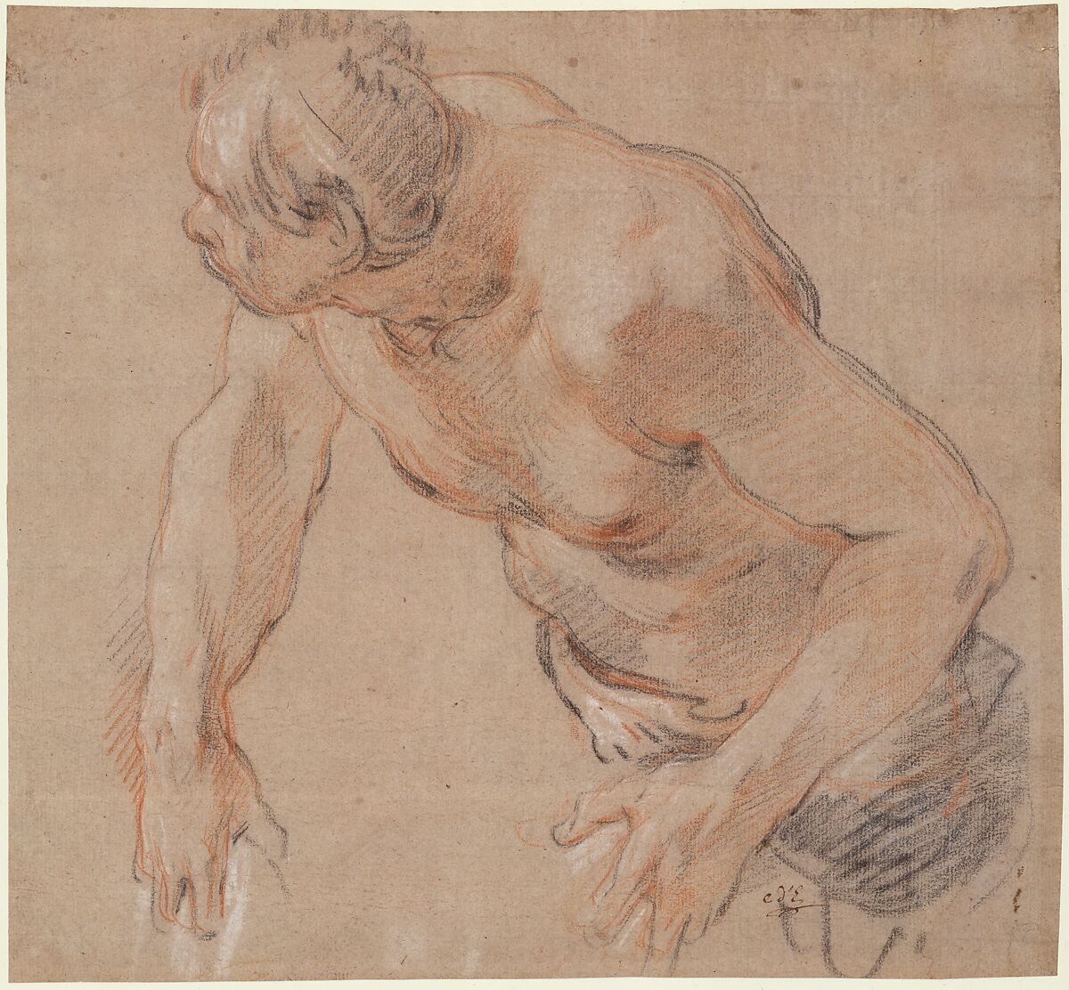 Half Figure of a Man, Nude to the Waist, Jean-Baptiste Deshays (French, Colleville 1729–1765 Paris), Red and black chalk, heightened with white, on beige paper