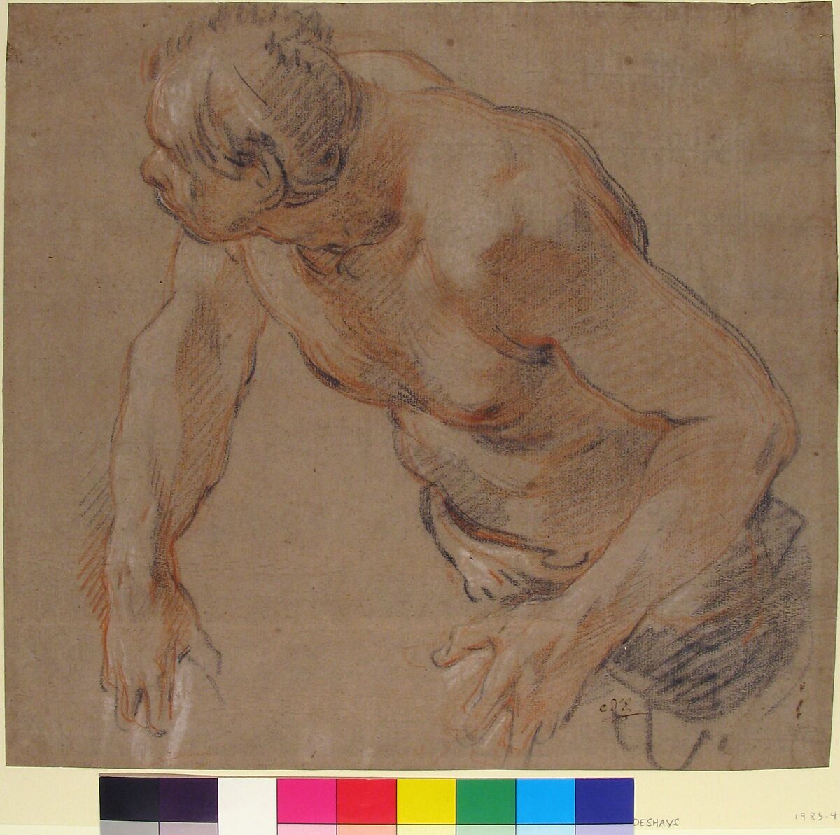 Half Figure of a Man, Nude to the Waist, Jean-Baptiste Deshays (French, Colleville 1729–1765 Paris), Red and black chalk, heightened with white, on beige paper