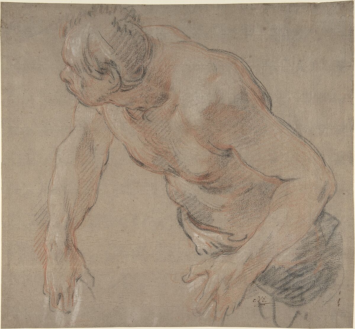 Half Figure of a Man, Nude to the Waist, Jean-Baptiste Deshays (French, Colleville 1729–1765 Paris), Red and black chalk, heightened with white, on beige paper 