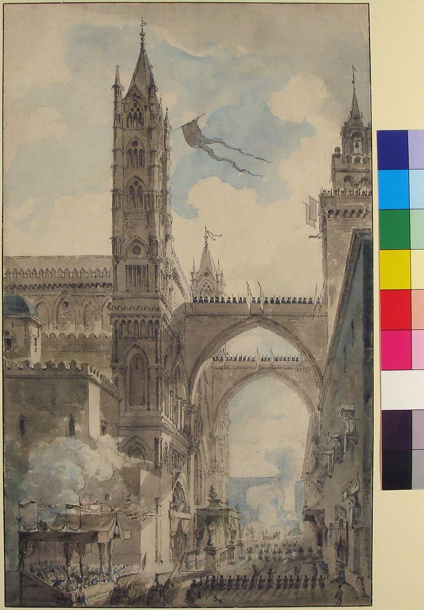 View of the Portal and Principal Entrance of the Cathedral of Palermo during the Festival of Sta. Rosalia, Louis Jean Desprez (French, Auxerre 1743–1804 Stockholm), Pen and black ink, brush and gray wash and watercolor, over graphite; framing lines in pen and brown ink