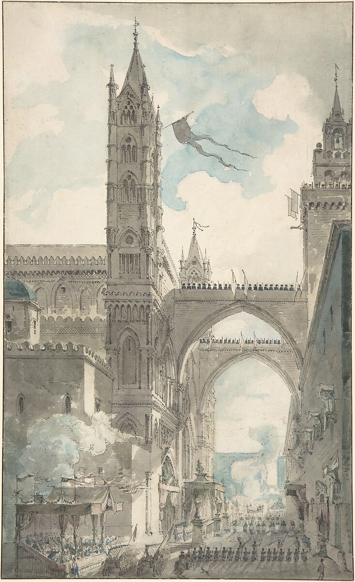 View of the Portal and Principal Entrance of the Cathedral of Palermo during the Festival of Sta. Rosalia, Louis Jean Desprez (French, Auxerre 1743–1804 Stockholm), Pen and black ink, gray wash and watercolor, over traces of graphite. Framing lines in pen and brown ink. 