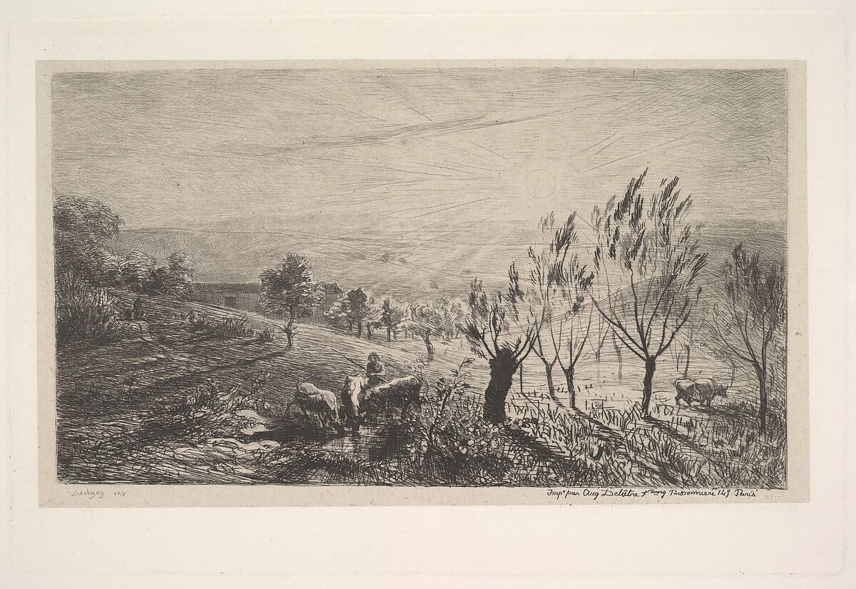 Sunrise, Charles-François Daubigny (French, Paris 1817–1878 Paris), Etching on chine collé; fifth state of five (Delteil) 