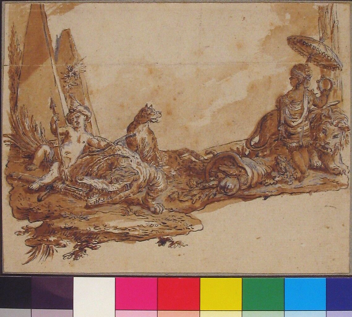 Allegories of Africa and America, Claude Louis Desrais (French, Paris 1746–1816 Paris), Pen, black ink, brown wash, heightened with white