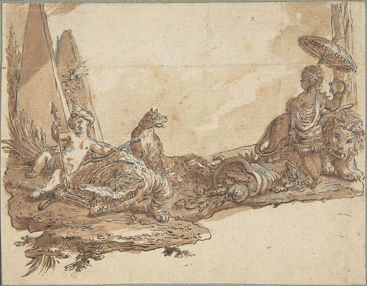 Allegories of Africa and America, Claude Louis Desrais (French, Paris 1746–1816 Paris), Pen, black ink, brown wash, heightened with white on paper 