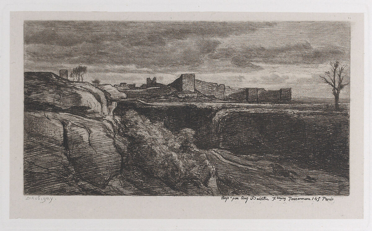Ruins of the Chateau of Crèmieux (Isère), Charles-François Daubigny (French, Paris 1817–1878 Paris), Etching and aquatint on chine collé; second state of two (Delteil)