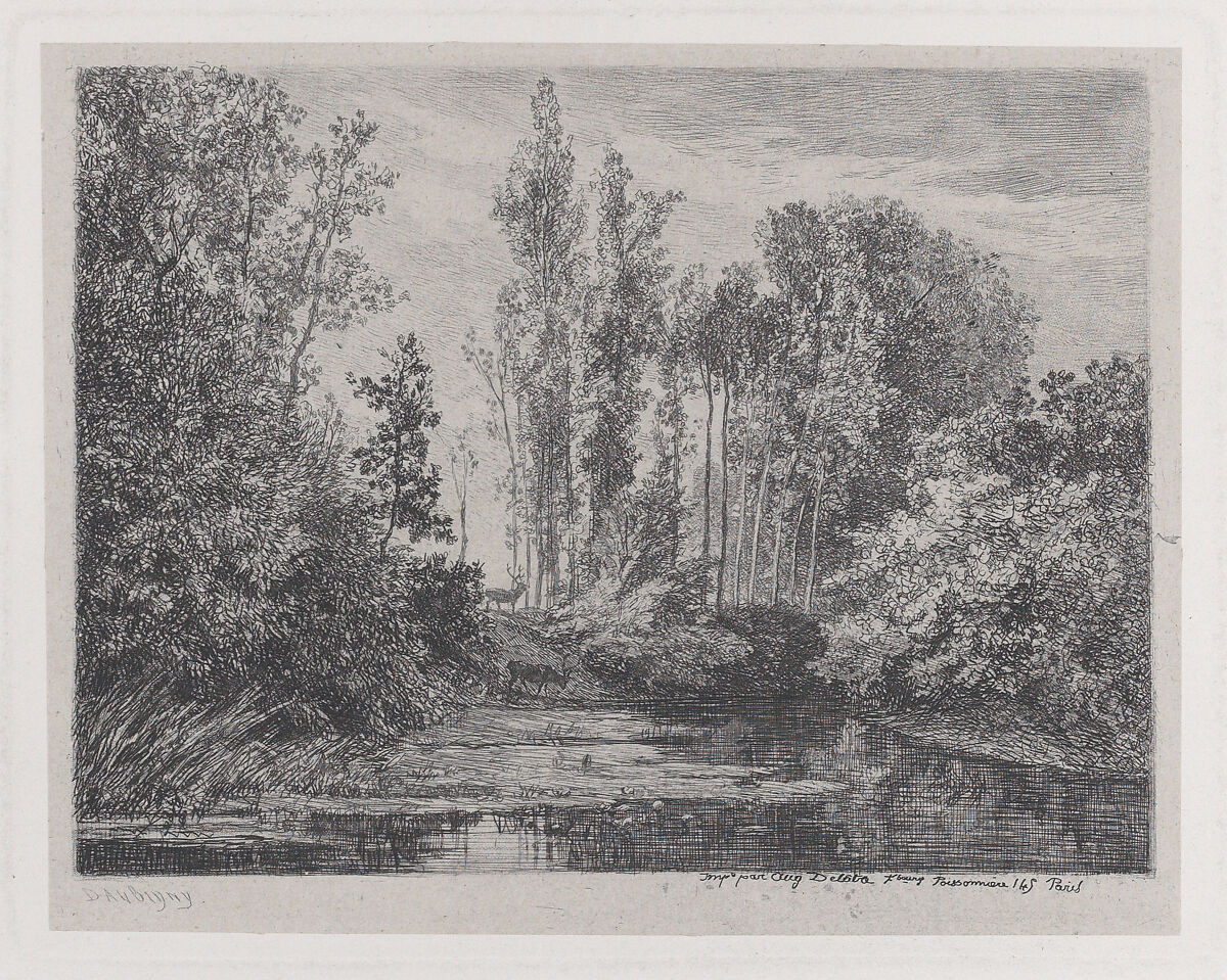 Stags at the Water's Edge, Charles-François Daubigny (French, Paris 1817–1878 Paris), Etching; sixth state of seven (Delteil)