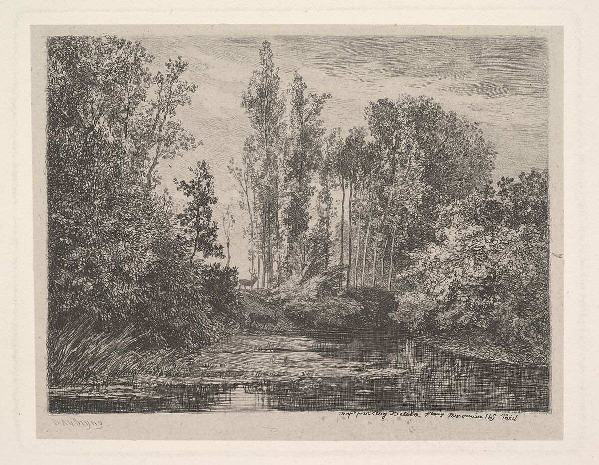 Stags at the Water's Edge, Charles-François Daubigny (French, Paris 1817–1878 Paris), Etching; sixth state of seven (Delteil) 