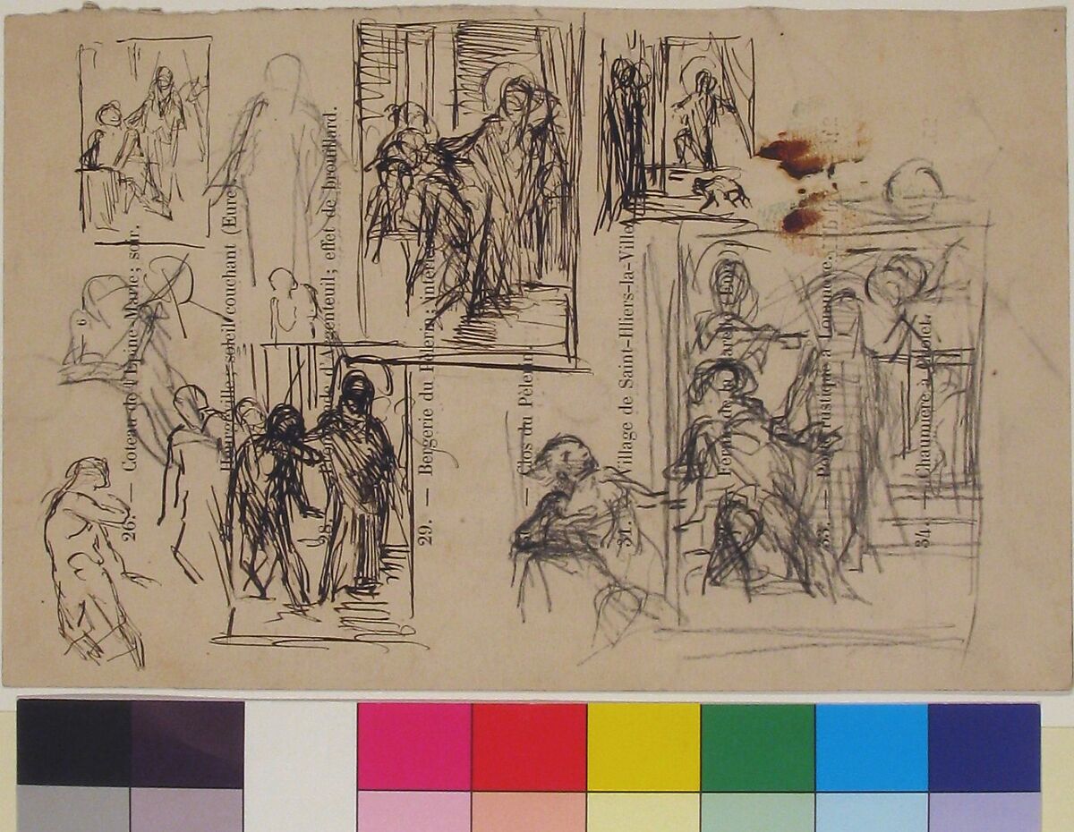 Studies for a figure composition, Narcisse-Virgile Diaz de la Peña (French, Bordeaux 1808–1876 Menton), Black chalk and pen and brown ink on wove paper (possibly a page from a Salon catalogue: numbered page 6, with cat. nos. 26-34)