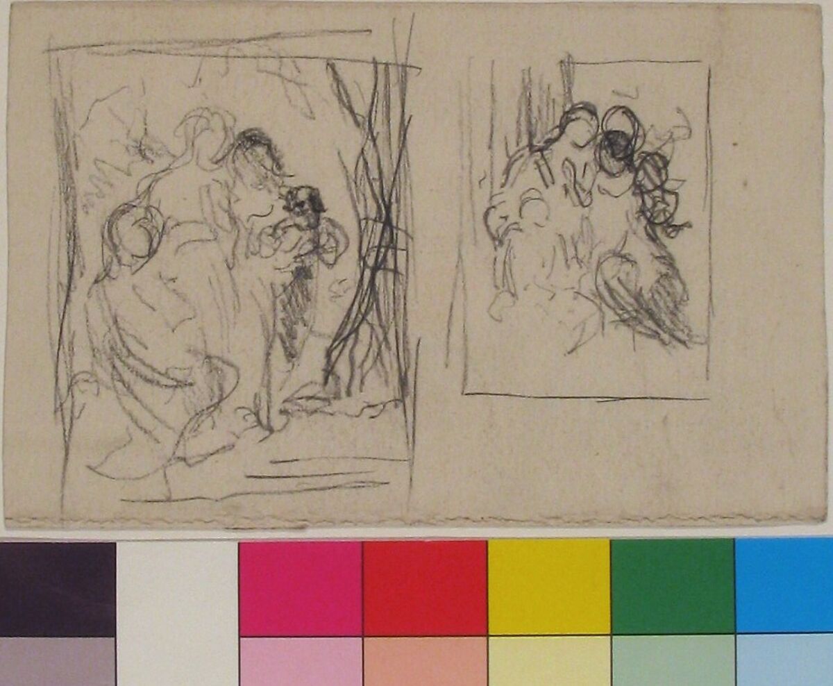Two studies for a figure composition,  including three women and a child, Narcisse-Virgile Diaz de la Peña (French, Bordeaux 1808–1876 Menton), Black chalk