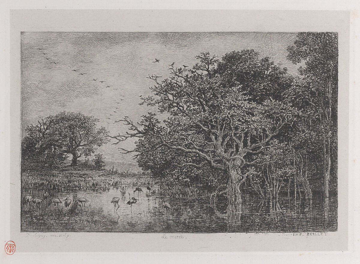 The Marshes, Charles-François Daubigny (French, Paris 1817–1878 Paris), Etching on chine collé; third state of six (Delteil)