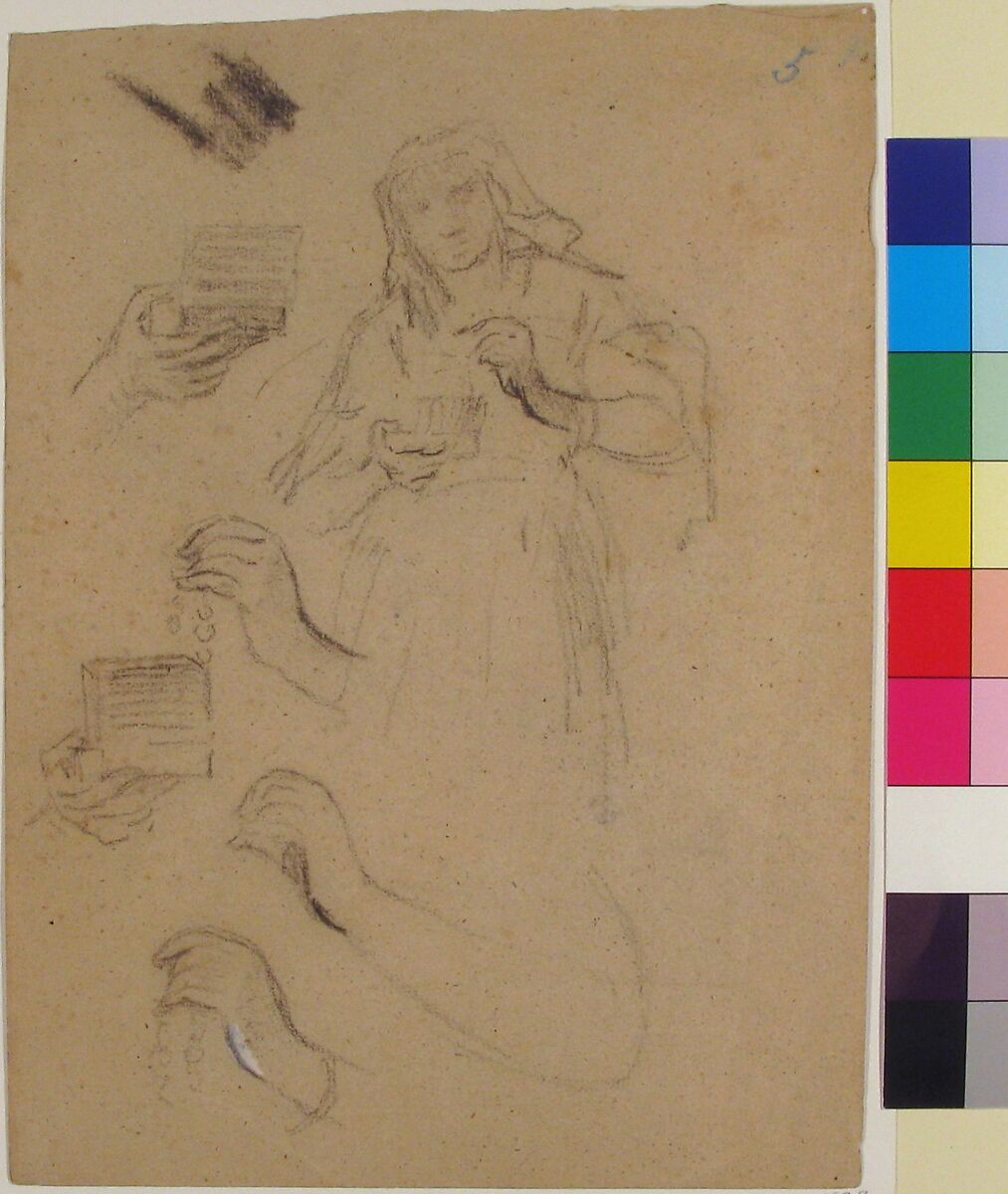 Woman holding an open jewelry box (recto); Studies for a figure composition and a leaded window (verso), Narcisse-Virgile Diaz de la Peña (French, Bordeaux 1808–1876 Menton), Black chalk; verso: black chalk and graphite on wove paper