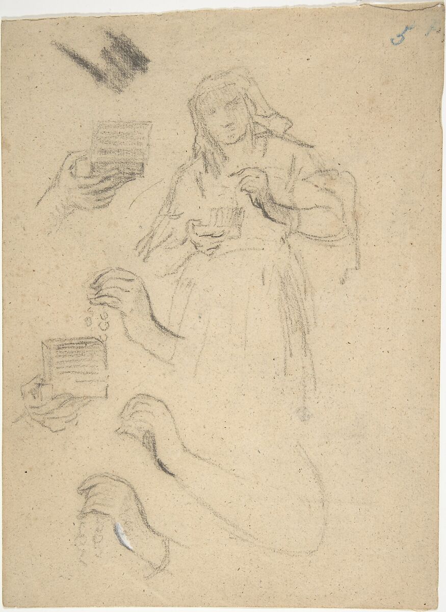 Woman holding an open jewelry box (recto); Studies for a figure composition and a leaded window (verso), Narcisse-Virgile Diaz de la Peña (French, Bordeaux 1808–1876 Menton), Black chalk; verso: black chalk and graphite on wove paper 