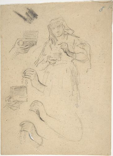 Woman holding an open jewelry box (recto); Studies for a figure composition and a leaded window (verso)