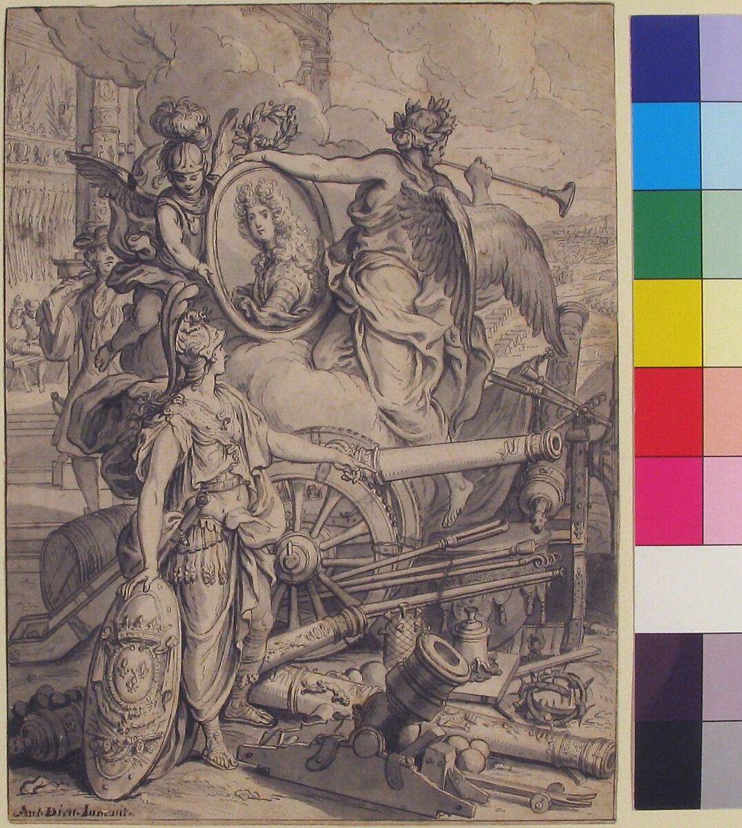 Allegorical Homage to the Duc du Maine, Grand Maître de l'Artillerie, Antoine Dieu (French, Paris 1662–1727 Paris), Pen and black ink, gray wash over traces of red chalk
