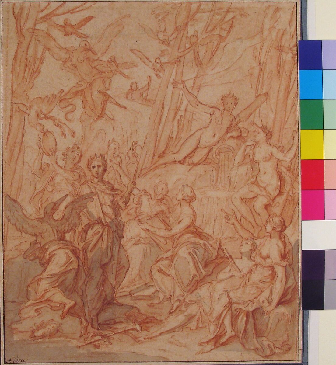 The Nine Pierides Transformed into Magpies after Their Unsuccessful Competition with the Muses (Ovid, Metamorphoses, V, 294 ff.), Antoine Dieu (French, Paris 1662–1727 Paris), Red chalk, red and gray wash, framing lines in pen and brown ink.