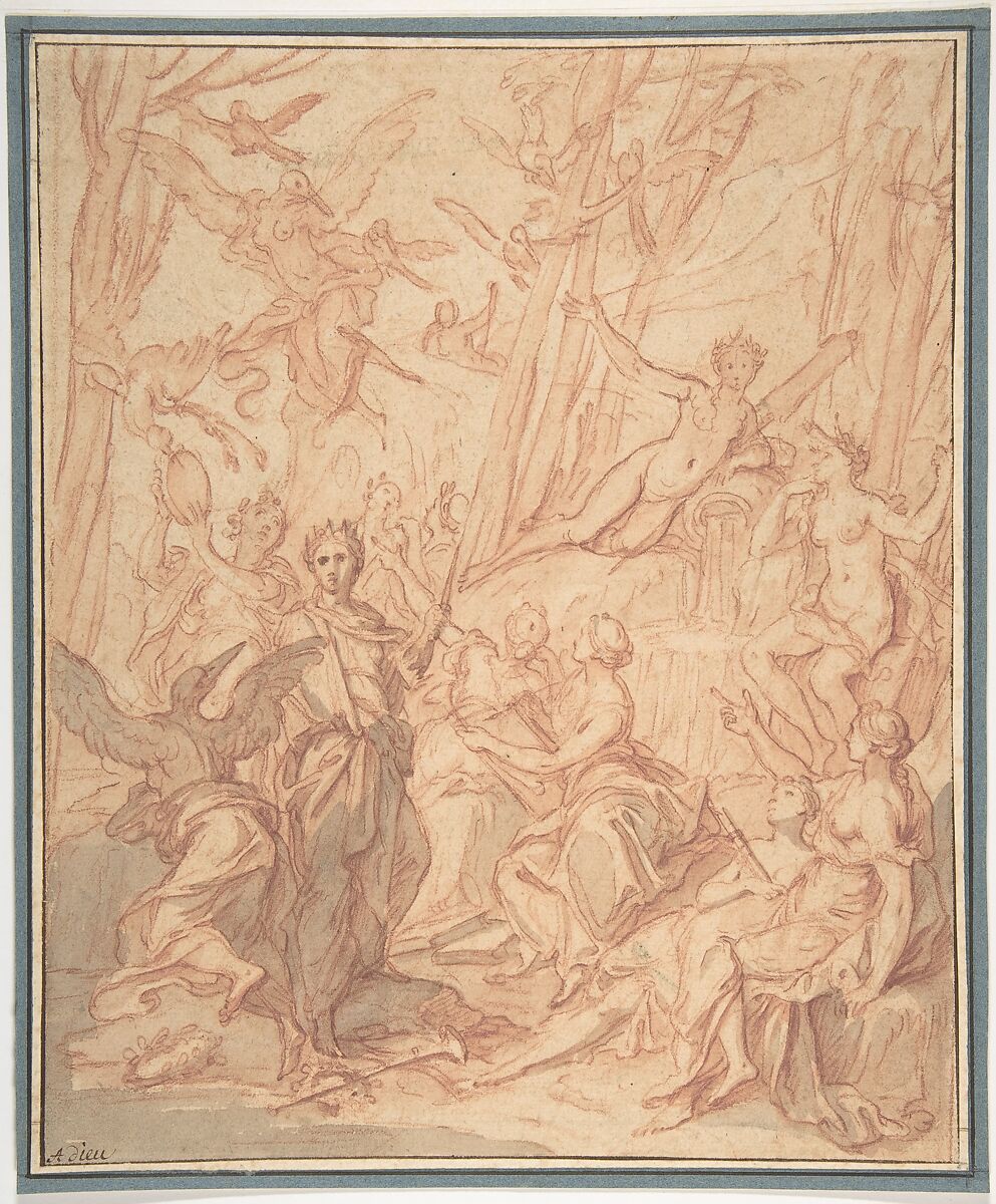 The Nine Pierides Transformed into Magpies after Their Unsuccessful Competition with the Muses (Ovid, Metamorphoses, V, 294 ff.), Antoine Dieu (French, Paris 1662–1727 Paris), Red chalk, red and gray wash, framing lines in pen and brown ink. 