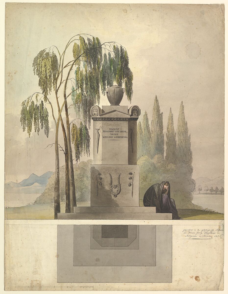 Design for a Tomb, Rothgeisser in Nuremberg (Elevation and Ground Plan), Johann Georg Dürschner (German, 19th century), Pen and black ink, brush and green, blue, black, gray and purple watercolor 