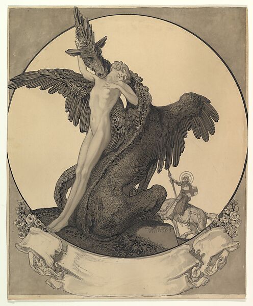 Study for a Bookplate with St. George Rescuing a Maiden from a Dragon, Franz von Bayros (Austrian, Zagreb 1866–1924 Vienna), Pen and black ink, brush and gray and black wash, over black chalk 
