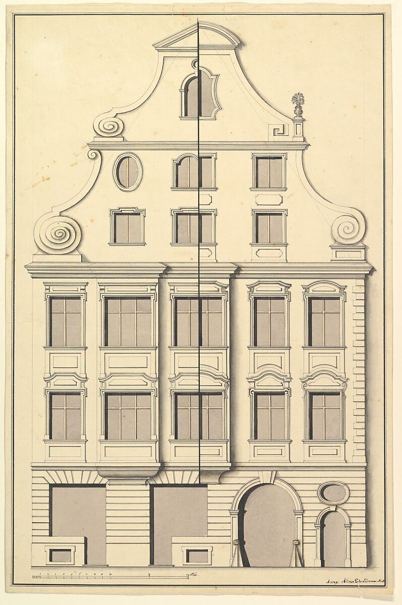 Drawing for the Street Elevation of a Town House, Andreas Schneidmann (German, 1698–1759), Pen and black ink, and watercolor. Framing lines in black ink. 