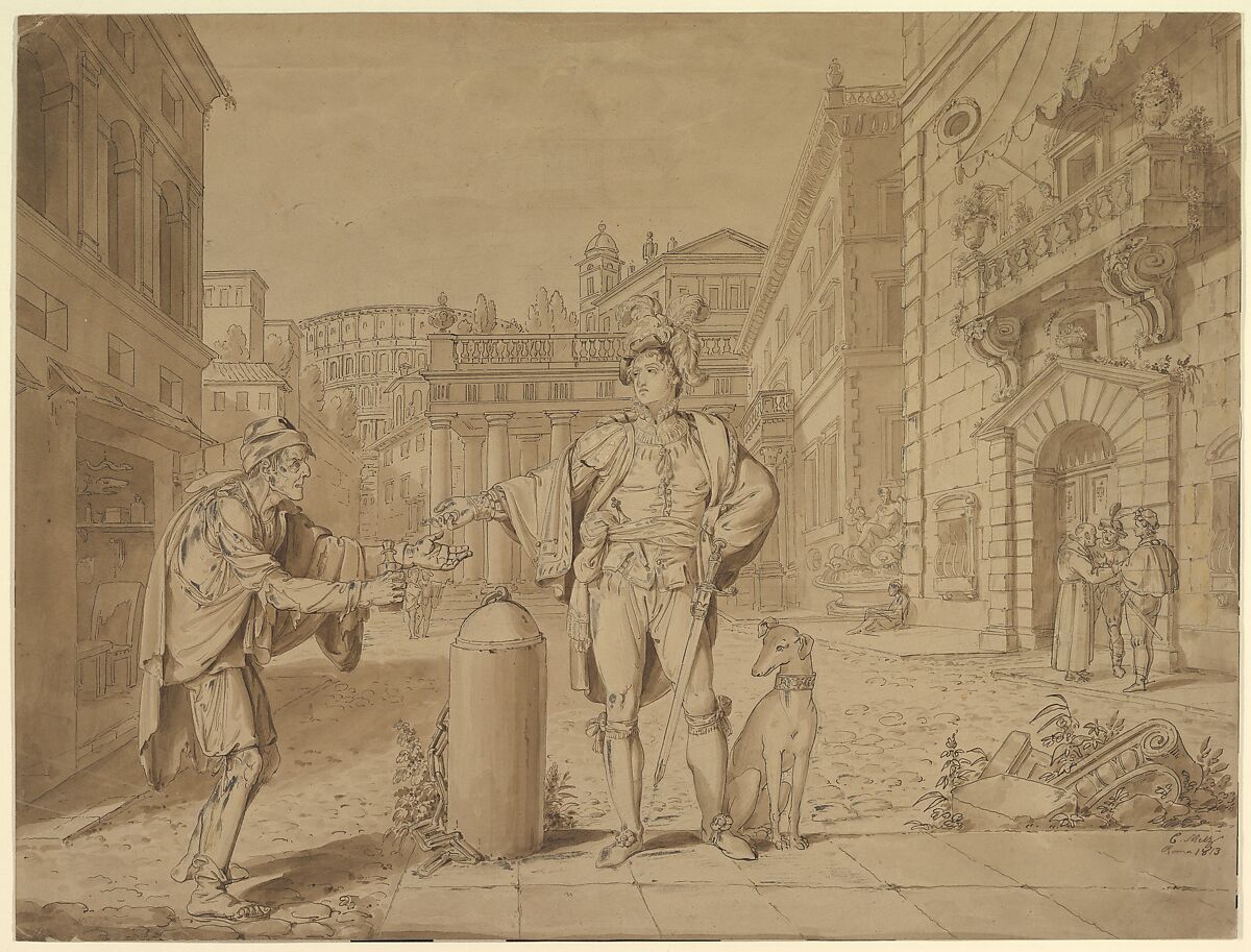 Nobleman Giving Alms to Beggar in Piazza near the Coliseum, Conrad Martin Metz (German, Bonn 1749–1827 Rome), Pen and brown ink, brush and brown wash, heightened with white (that has oxidized) 