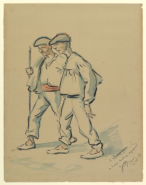 Two Old Men Dressed in Basque Costumes Walking, Jacques Ochs (Belgian, 1883–1944), Brush and black, blue and red watercolor. 