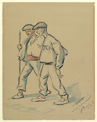 Two Old Men Dressed in Basque Costumes Walking